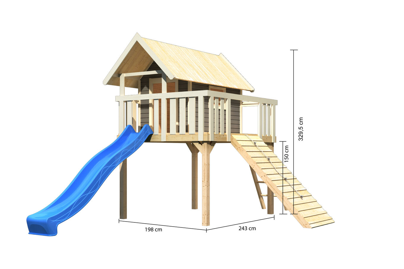KARIBU Fidel Stelzenhaus, terragrau, nordische Fichte, 198x243x330cm, Rutsche blau und Holzrampe 30417-23 05.jpg