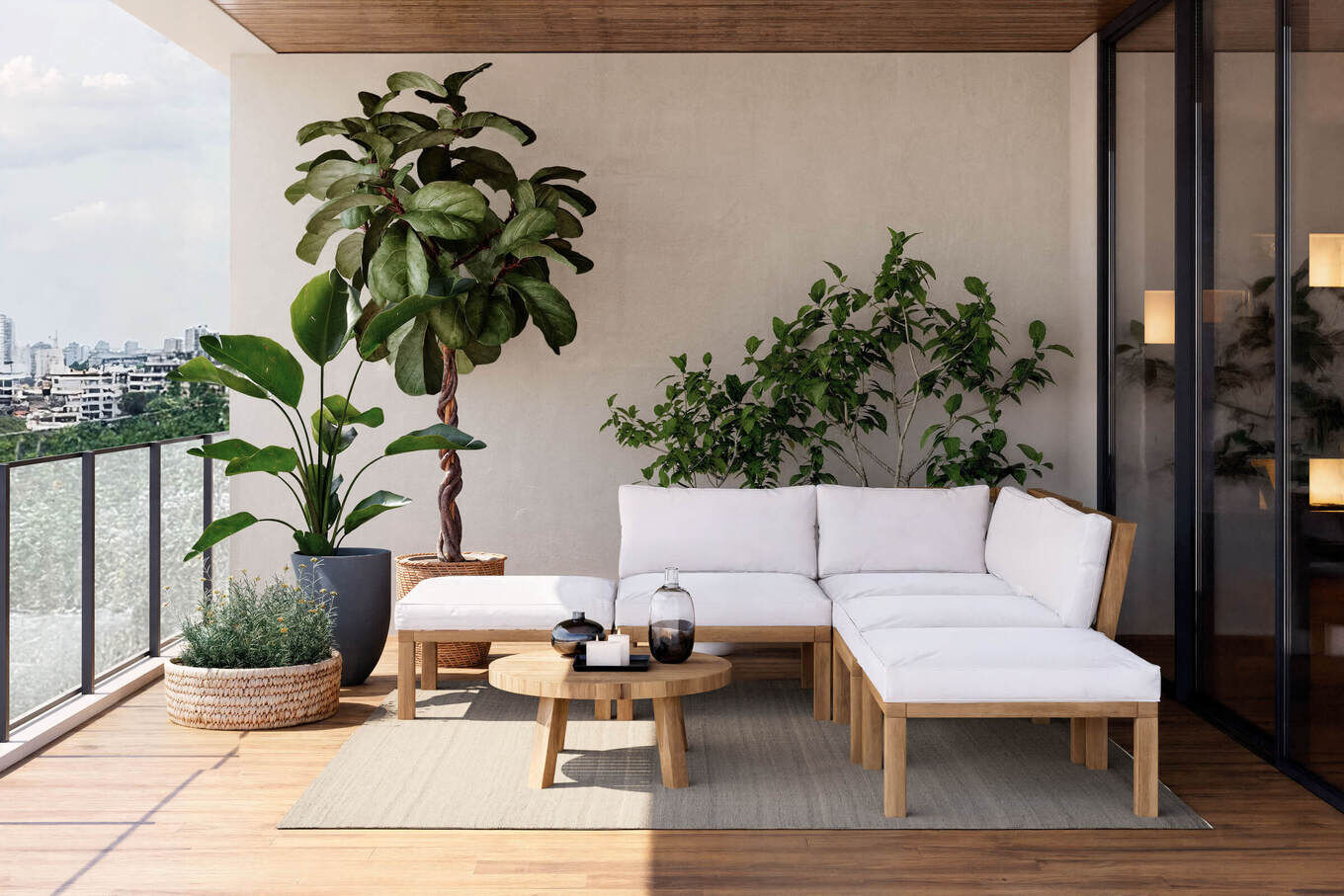 B-Ware: OUTFLEXX Ecklounge, Akazie, 5 Personen, inkl. Tisch ø 80 cm und Polster aus Olefin in hellbraun, FSC®-zertifiziertes Produkt 21036__1