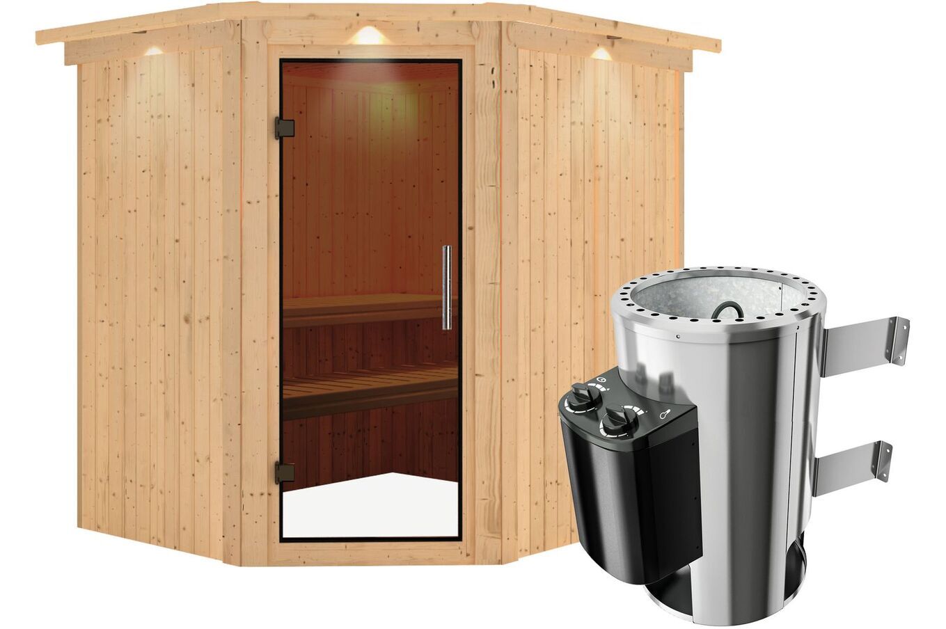 KARIBU Systemsauna Lilja, Fichtenholz 68mm, Eckeinstieg, ca. 3m² 2 18464-22.jpg