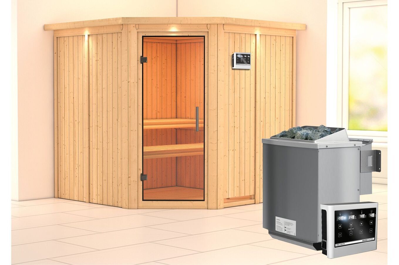 KARIBU Systemsauna Jarin, Fichtenholz 68mm, Eckeinstieg, ca. 3,4m² 1 18416-32.jpg