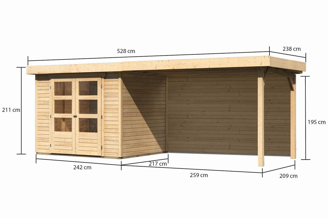 KARIBU Gartenhaus Askola 3, naturbelassen, Fichtenholz 19mm, 528,5 x 217 x 211 cm, Flachdach, seitlicher Anbau 2,8m mit Rückwand 30540-3 05.jpg
