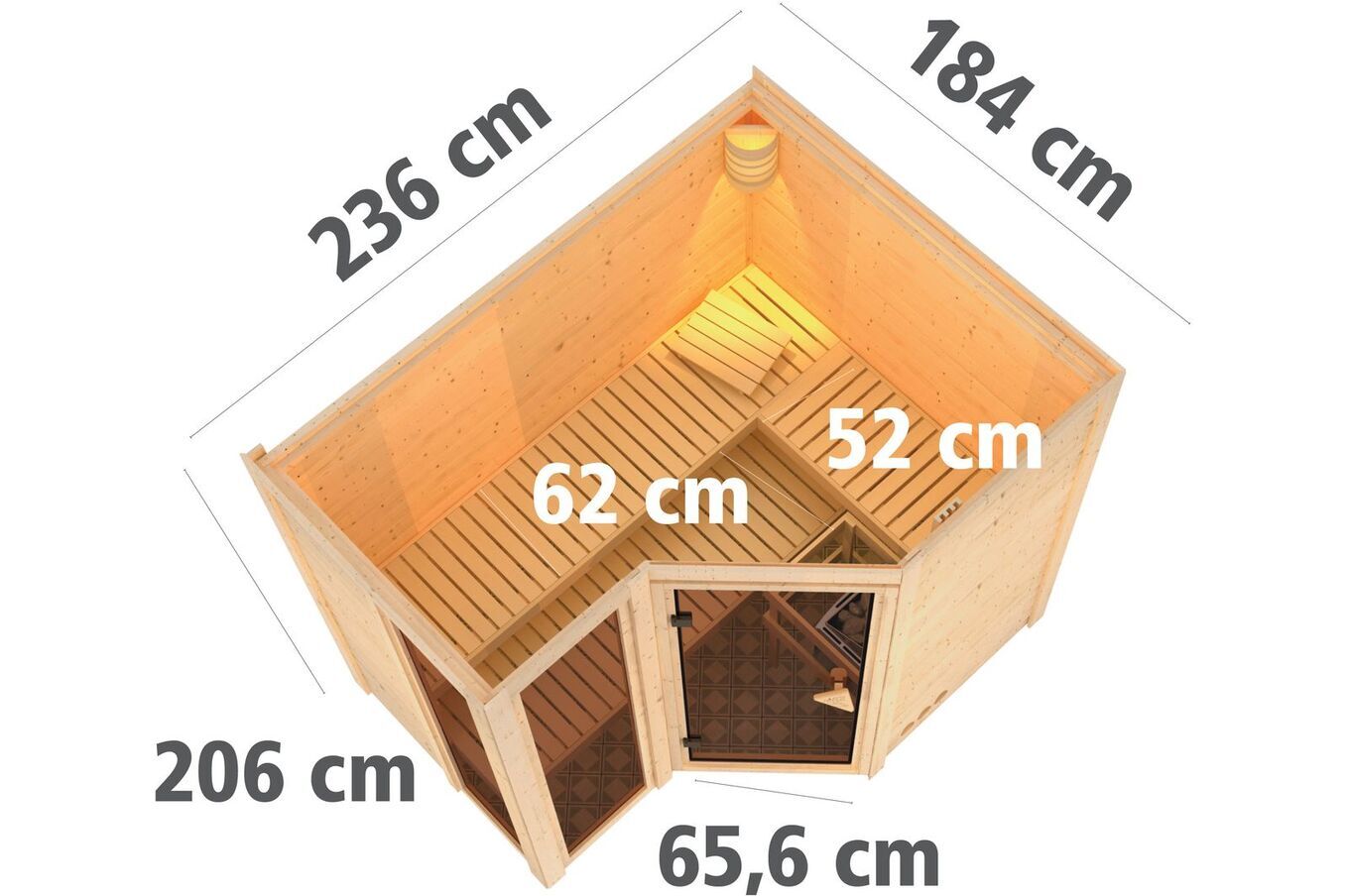 KARIBU Massivholzsauna Amara, Fichtenholz 40mm, Eckeinstieg, ca. 2m² 3 18447-3.jpg