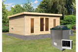 KARIBU Mainburg 4 Saunahaus, naturbelassen, Fichte, 490x368x229 cm, SET B mit Doppelflügeltür, Vorraum und 9 kW Ofen 31324-2 02.jpg