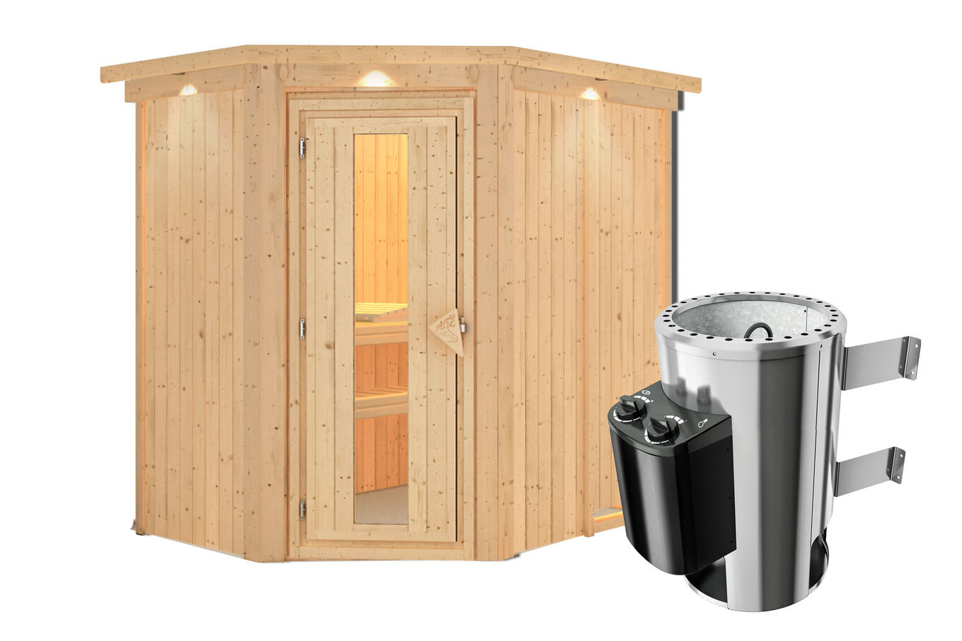 KARIBU Caspin Energiespar-Sauna, naturbelassen, Fichte, 210x165x202 cm, mit Kranz und 3,6 kW Ofen integr. Steuerung 31391-2 03.jpg