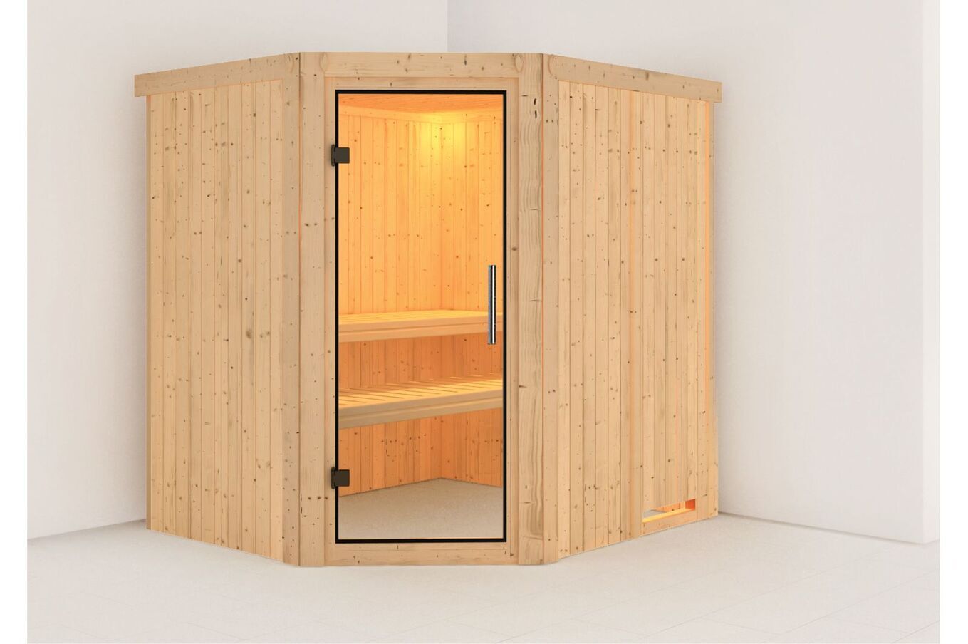 KARIBU Systemsauna Lilja, Fichtenholz 68mm, Eckeinstieg, ca. 3m² 1 18464-25.jpg