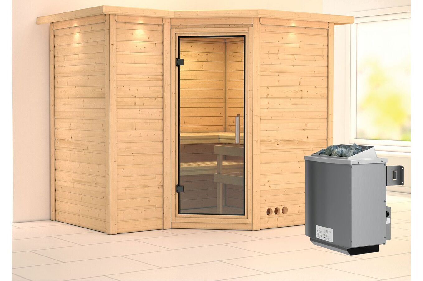KARIBU Massivholzsauna Sahib 2, Fichtenholz 40mm, Eckeinstieg, ca. 2m² 1 18446-30.jpg
