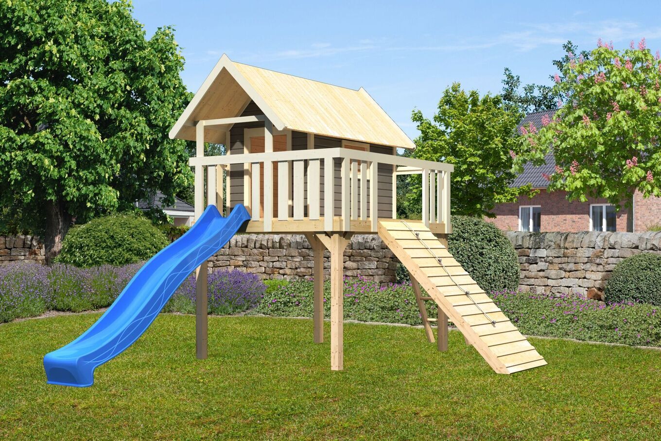 KARIBU Fidel Stelzenhaus, terragrau, nordische Fichte, 198x243x330cm, Rutsche blau und Holzrampe 30417-23 01.jpg
