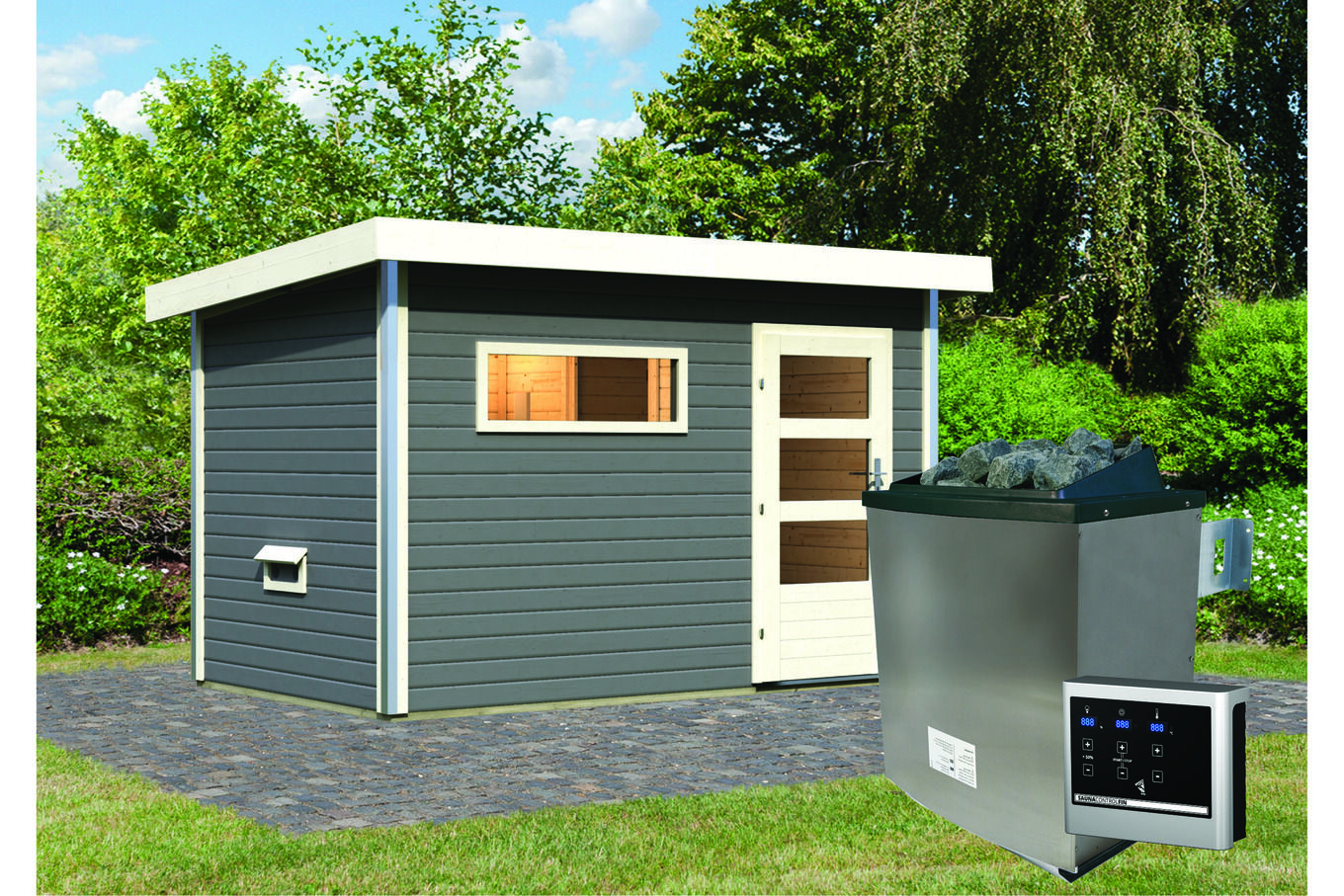 KARIBU Skrollan 1 Saunahaus, terragrau, Fichte, 336 x 196 x 195 cm, Fronteinstieg, mit moderner Tür SET mit Fenster, Ofen 9 kW ext. Strg. Easy 30941-2 03.jpg