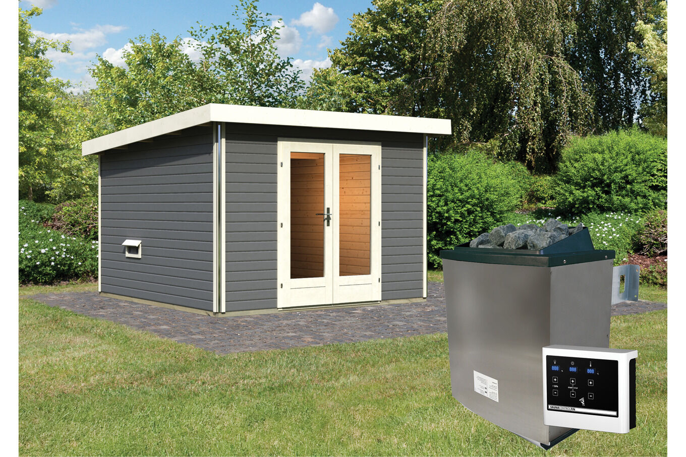 KARIBU Mainburg 1 Saunahaus, terragrau, Fichte, 309x309x229 cm, SET 1 mit Doppelflügeltür, Vorraum und 9 kW Ofen 31317-5 02.jpg