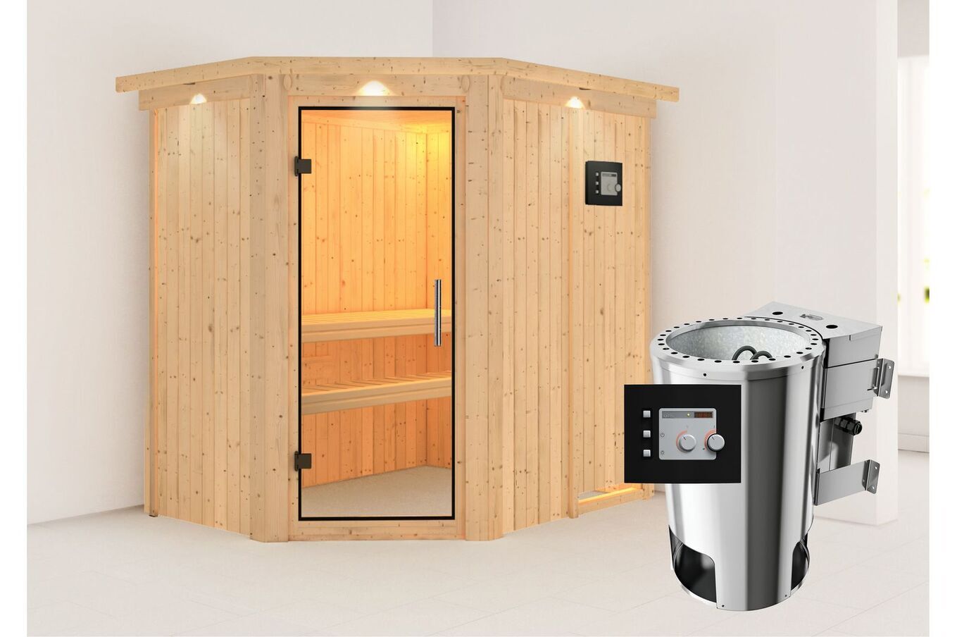KARIBU Systemsauna Saja, Fichtenholz 68mm, Eckeinstieg, ca. 2,7m² 1 18461-32.jpg