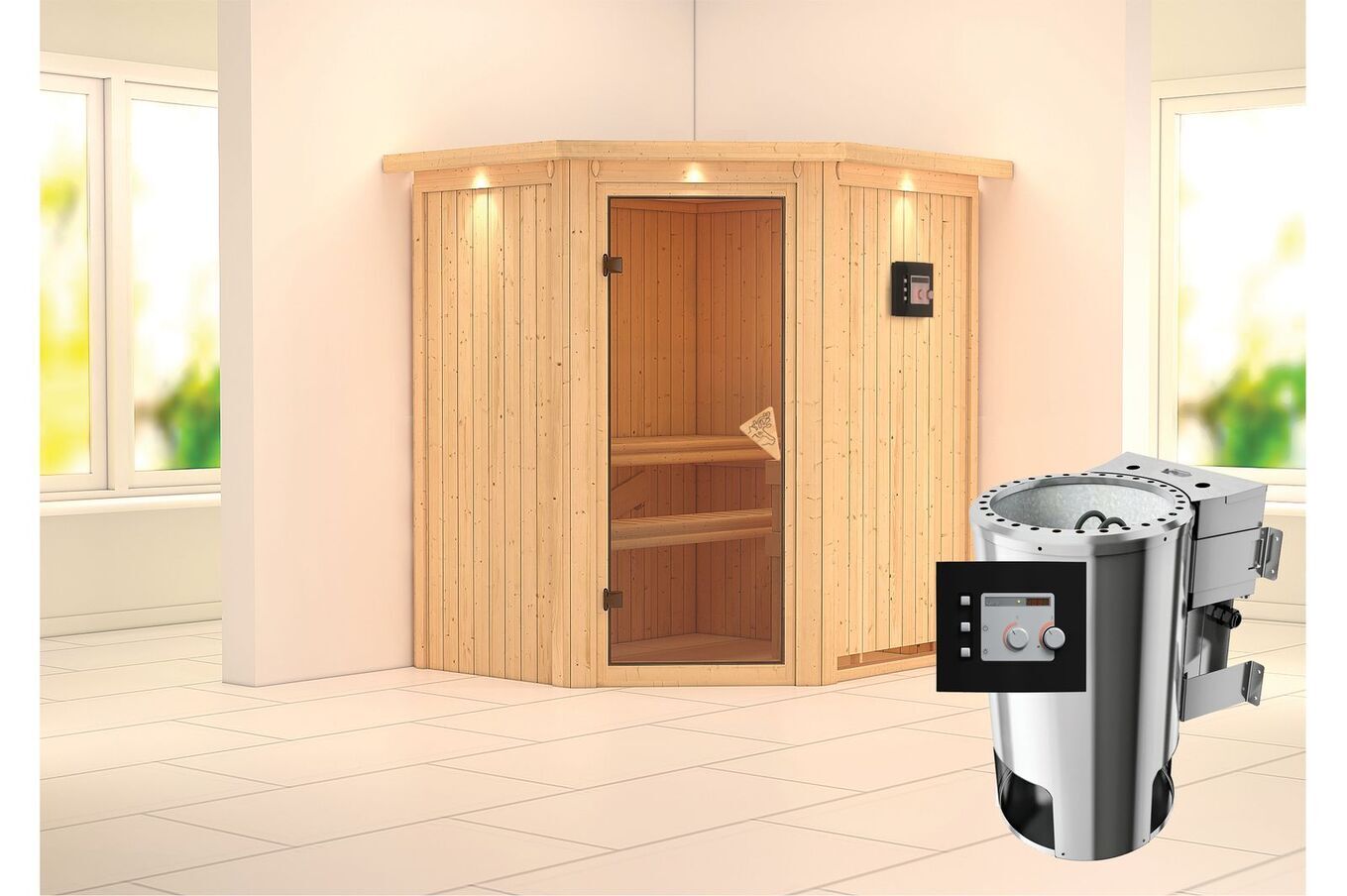 KARIBU Systemsauna Tonja, Fichtenholz 68mm, Eckeinstieg, ca. 2,3m² 1 18458-16.jpg