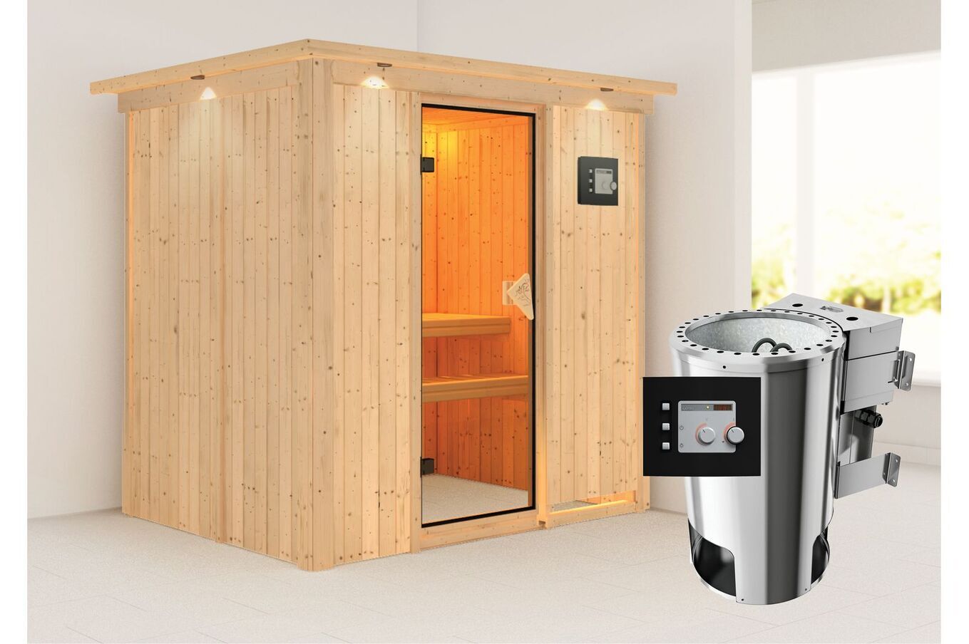 KARIBU Systemsauna Fanja, Fichtenholz 68mm, Fronteinstieg, ca. 2,7m² 1 18460-16.jpg