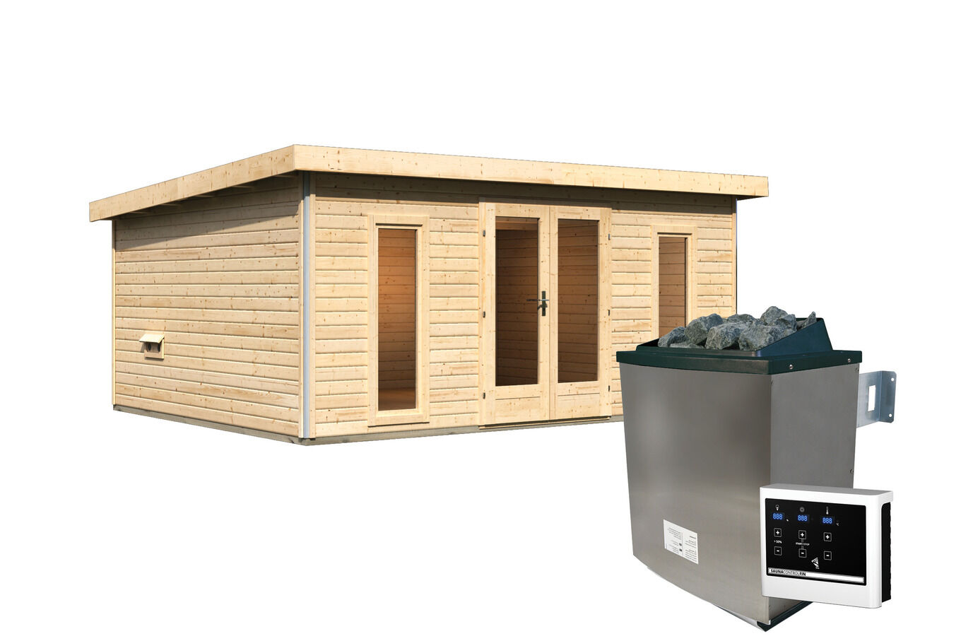 KARIBU Mainburg 4 Saunahaus, naturbelassen, Fichte, 490x368x229 cm, SET B mit Doppelflügeltür, Vorraum und 9 kW Ofen 31324-2 04.jpg