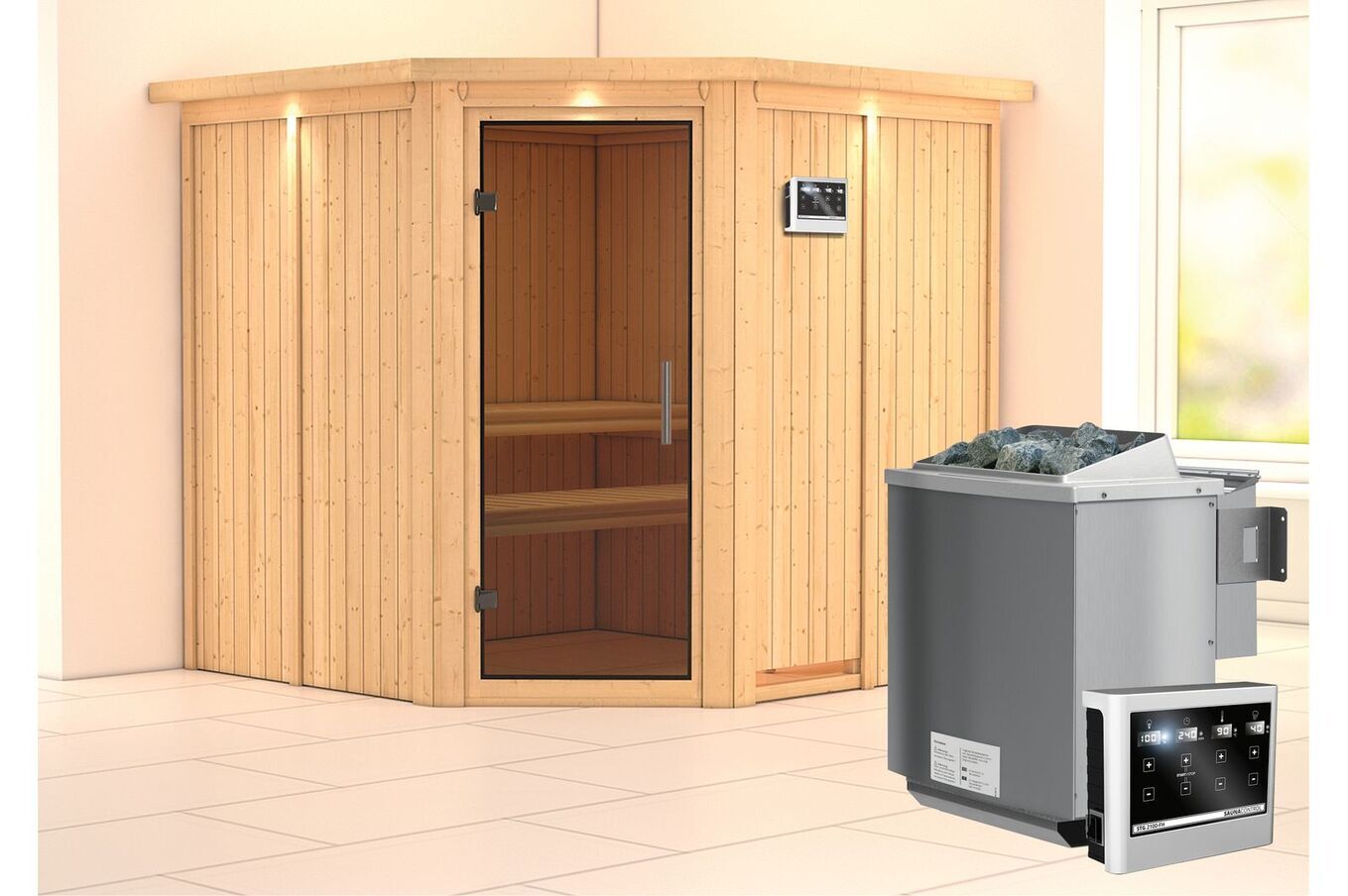 KARIBU Systemsauna Jarin, Fichtenholz 68mm, Eckeinstieg, ca. 3,4m² 2 18416-24.jpg