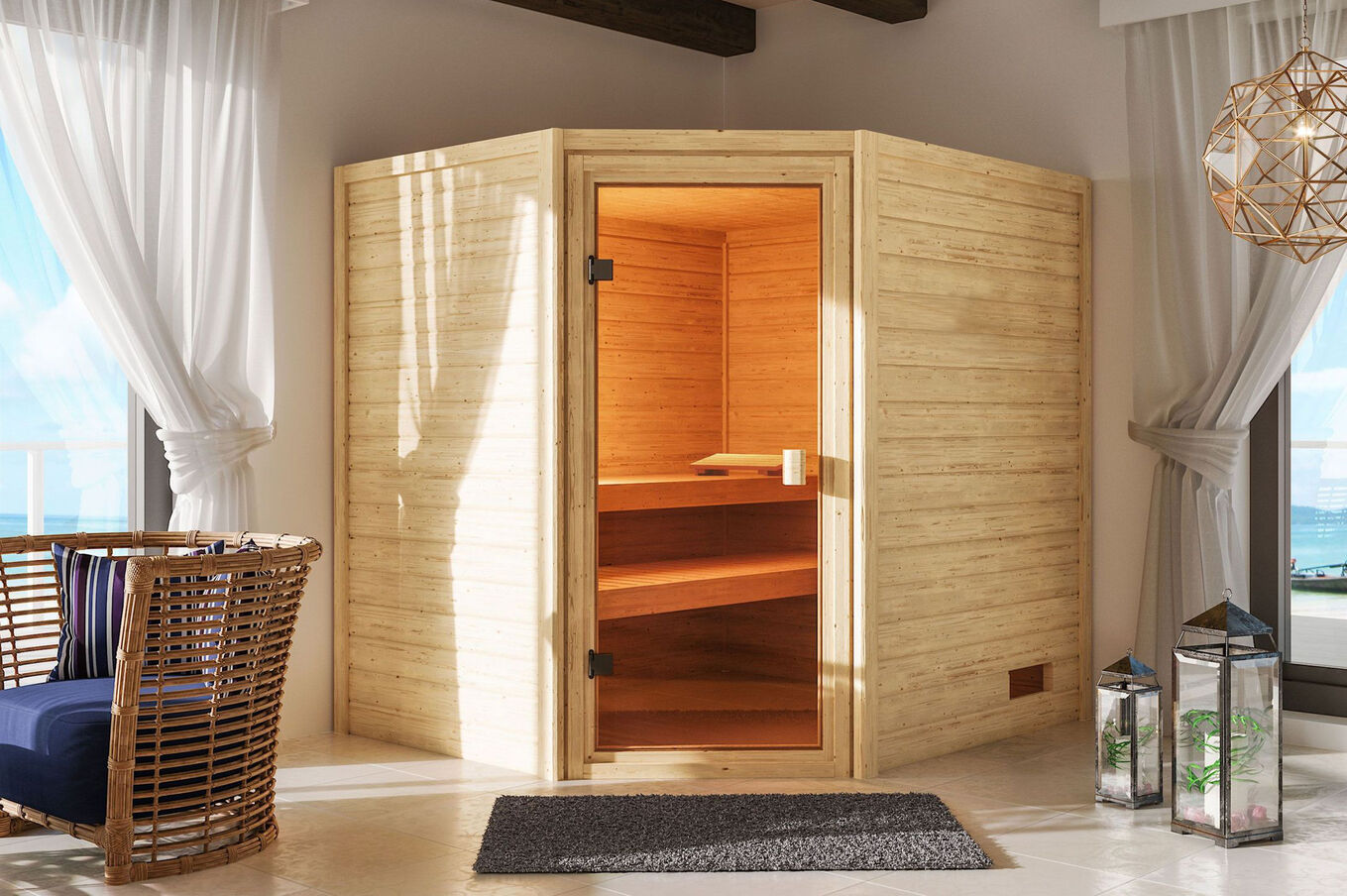 KARIBU Sauna Elea, Fichtenholz 38 mm, Eckeinstieg, ca. 2,7m² 1 20228-1.jpg