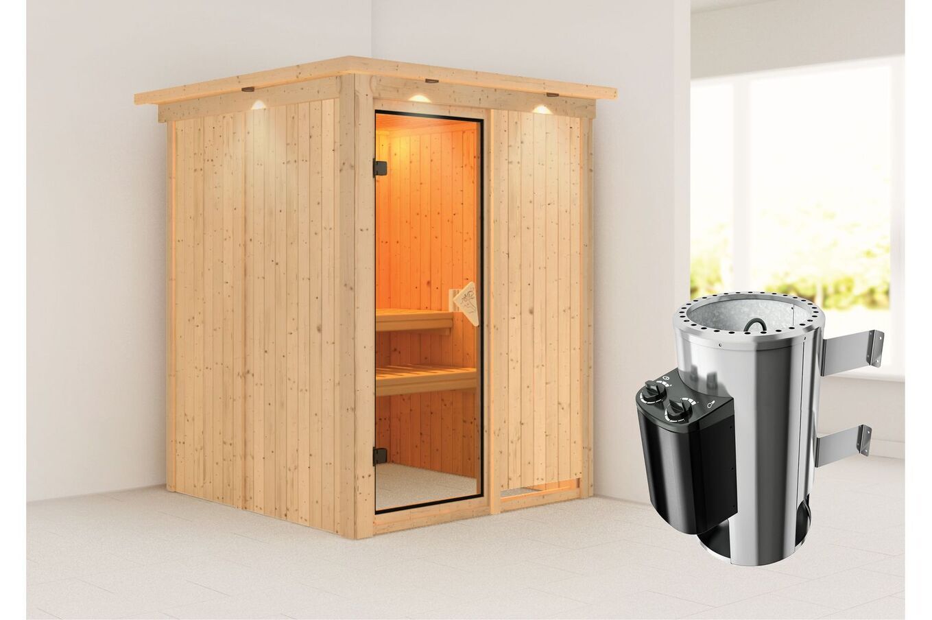 KARIBU Systemsauna Minja, Fichtenholz 68mm, Fronteinstieg, ca. 2,3m² 1 18455-14.jpg