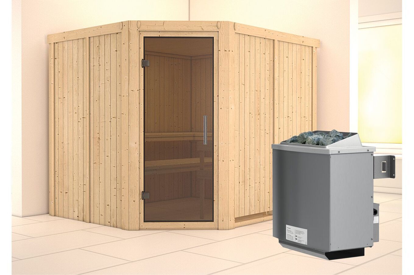 KARIBU Systemsauna Malin, Fichtenholz 68mm, Eckeinstieg, ca. 4,2m² 1 18418-18.jpg