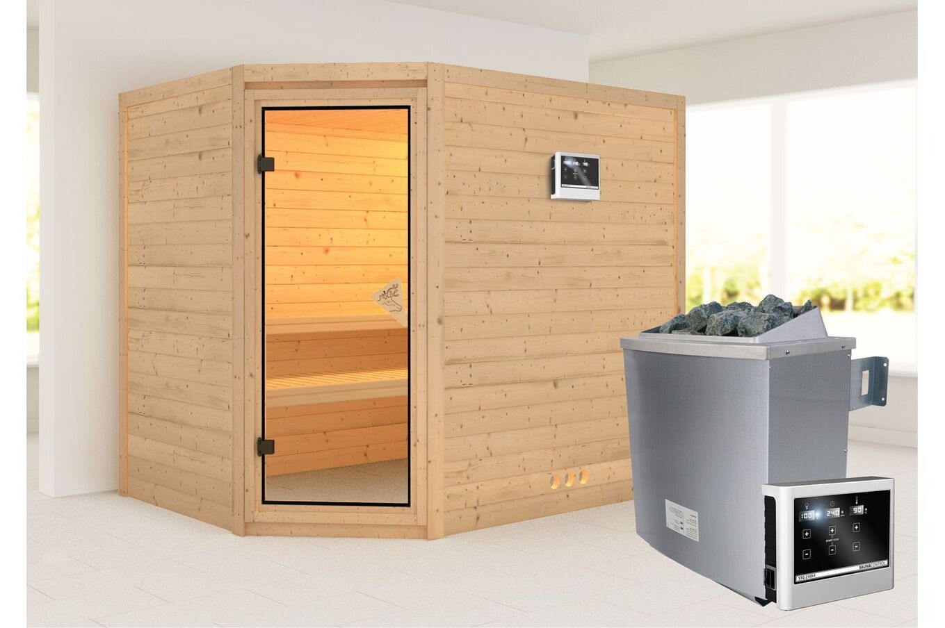 KARIBU Massivholzsauna Tanami, Fichtenholz 40mm, Eckeinstieg, ca. 2m² 1 18444-3.jpg