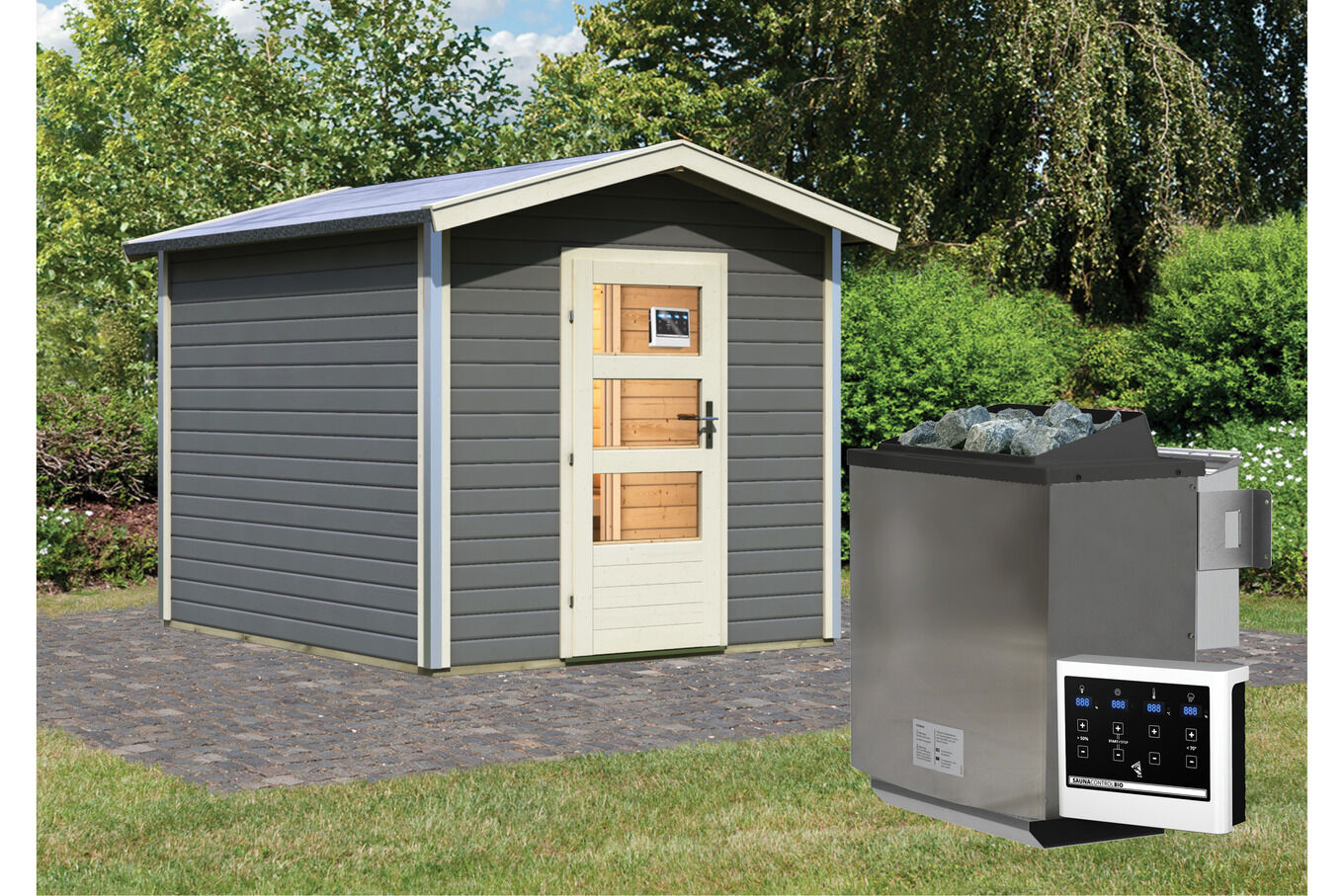 KARIBU Bosse 1 Saunahaus, terragrau, Fichte, 231x273x235 cm, mit Vorraum, Fronteinstieg und 9 kW Bio-Ofen 31311-3 02.jpg