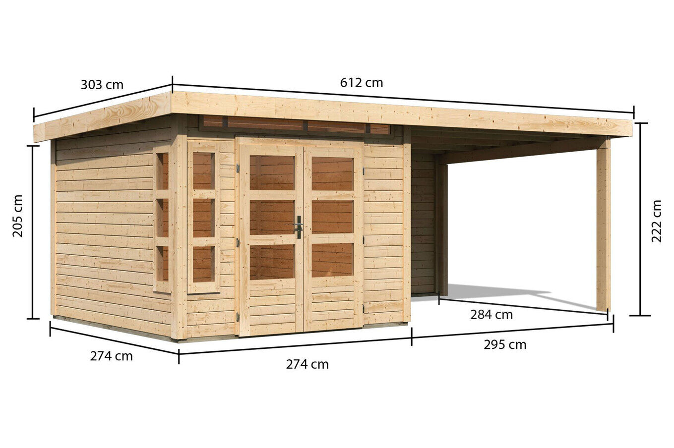 KARIBU Gartenhaus Kastorf6 , naturbelassen, Fichtenholz 28mm, 612 x 274 x 222 cm, Flachdach, Anbau 3,2m mit Rückwand 30468-1 05.jpg