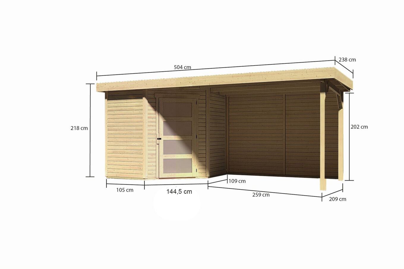 KARIBU Gartenhaus Schwandorf 3, naturbelassen, Fichtenholz 19mm, 504,5 x 217 x 218 cm, Flachdach, Anbau 2,8m mit Rückwand 30551-1 05.jpg