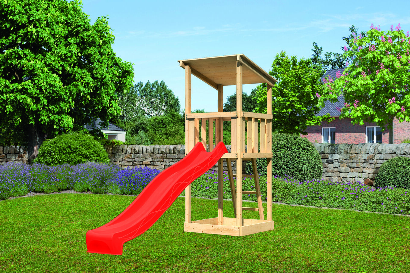 KARIBU Anna Spielturm, naturbelassen, nordische Fichte, 107x107x270cm, mit Rutsche rot 30405-2 01.jpg
