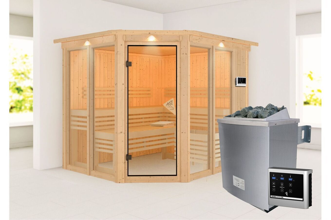 KARIBU Sauna Ainur, Fichtenholz 68 mm, Eckeinstieg, ca. 3,7m² 3 20264-7.jpg
