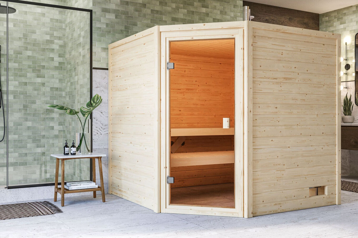 KARIBU Sauna Tilda, Fichtenholz 38 mm, Eckeinstieg, ca. 3,2m² 1 20230-1.jpg