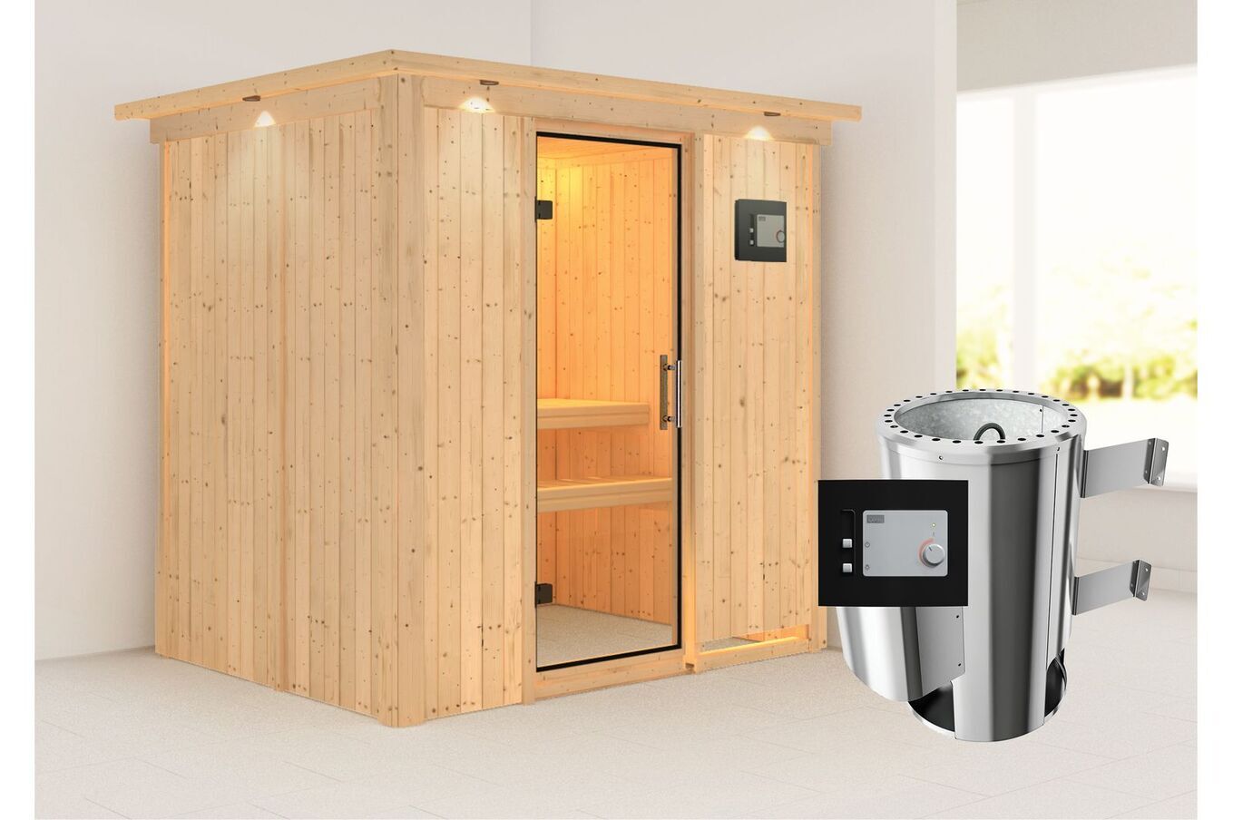 KARIBU Systemsauna Fanja, Fichtenholz 68mm, Fronteinstieg, ca. 2,7m² 1 18460-31.jpg