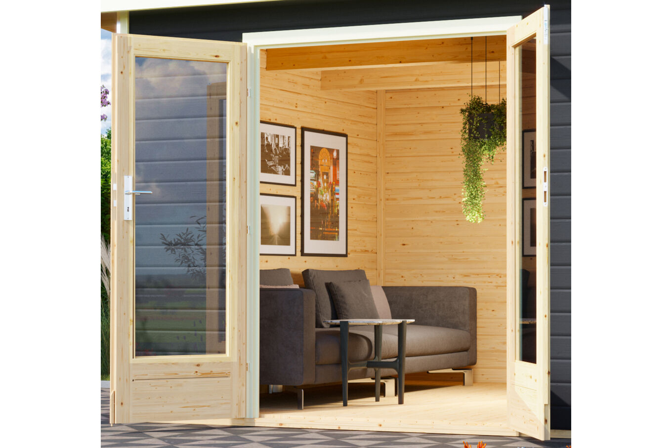 KARIBU Mainburg 1 Saunahaus, terragrau, Fichte, 309x309x229 cm, SET B mit Doppelflügeltür und Vorraum 31318-4 02.jpg