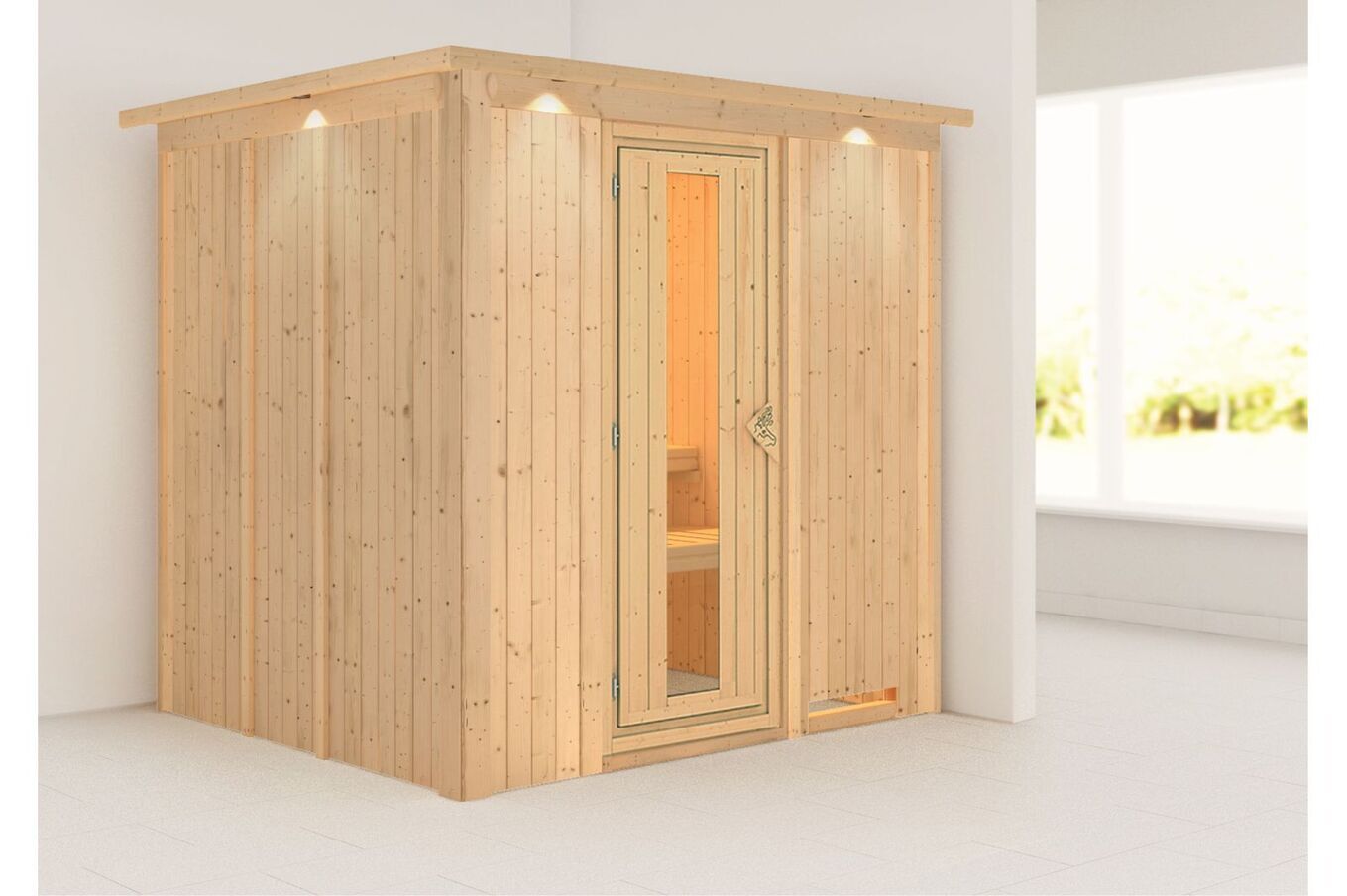 KARIBU Systemsauna Daria, Fichtenholz 68mm, Fronteinstieg, ca. 3,3m² 1 18462-5.jpg