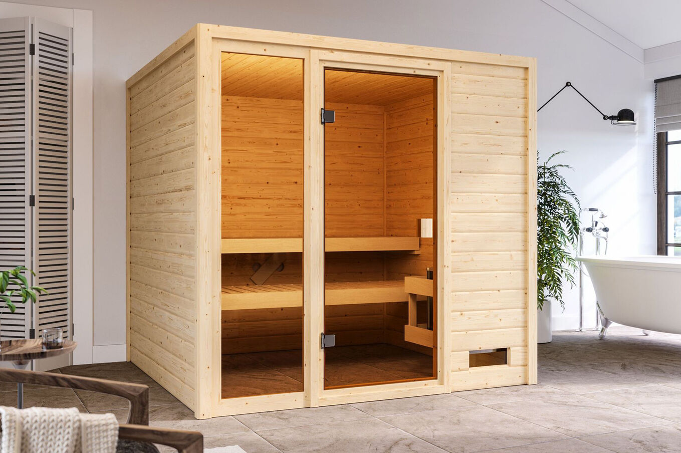 KARIBU Sauna Jutta, Fichtenholz 38 mm, Fronteinstieg, ca. 3,4m² 1 20235-1.jpg