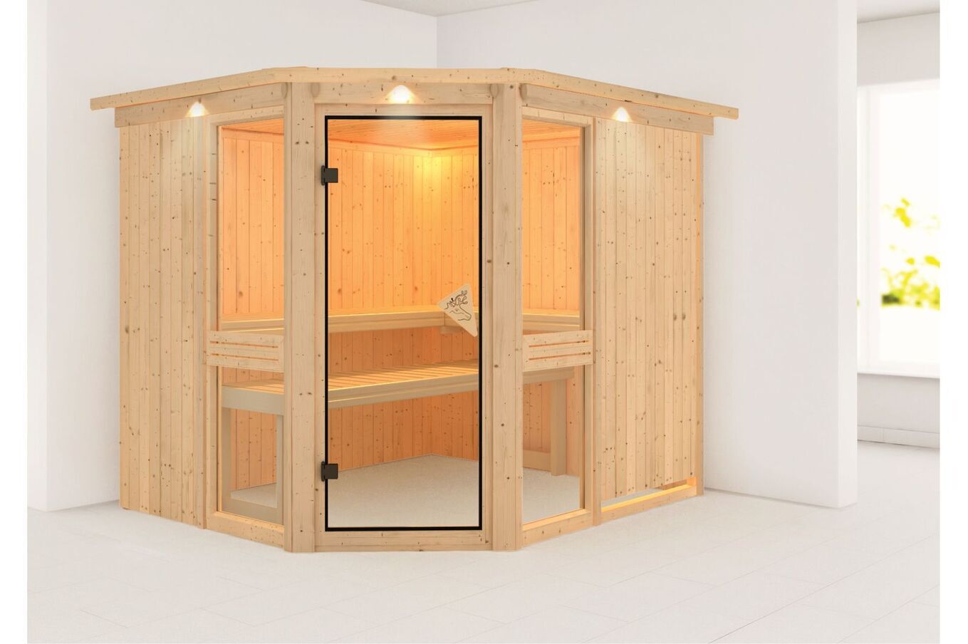 KARIBU Systemsauna Amelia 3, Fichtenholz 68mm, Eckeinstieg, ca. 4,2m² 1 18433-5.jpg