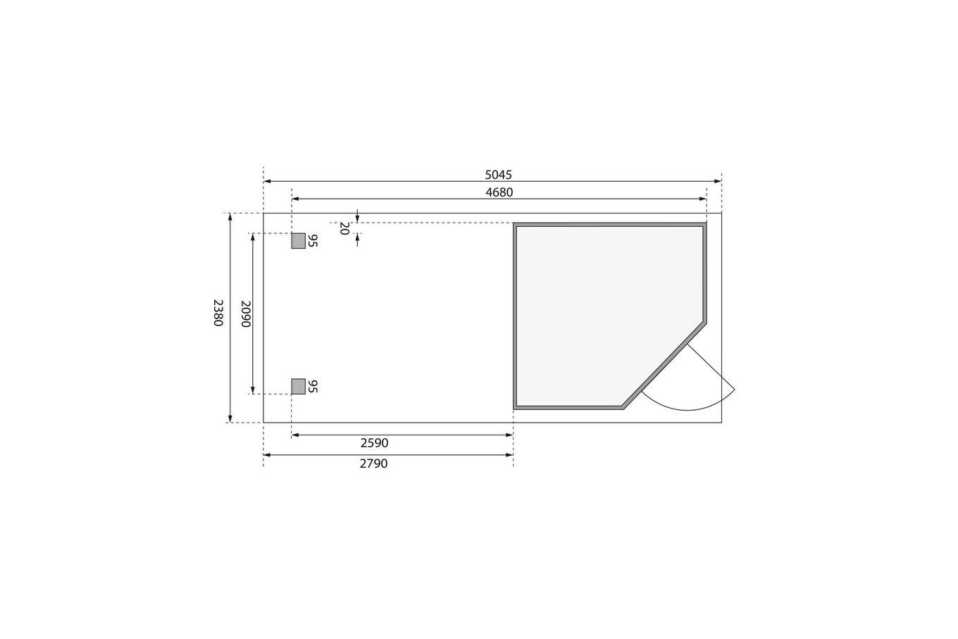 KARIBU Gartenhaus Schwandorf 3, naturbelassen, Fichtenholz 19mm, 504,5 x 217 x 218 cm, Flachdach, Anbau 2,8m mit Rückwand 30551-1 06.jpg