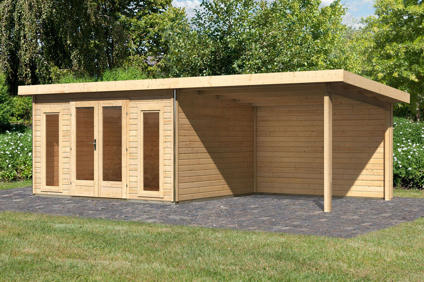 KARIBU Gartenhaus Radeburg 2, naturbelassen, Fichtenholz 40mm, 724 x 309 x 229,5 cm, Pultdach, Anbau 3,3m mit Rückwand 30478-1 02.jpg