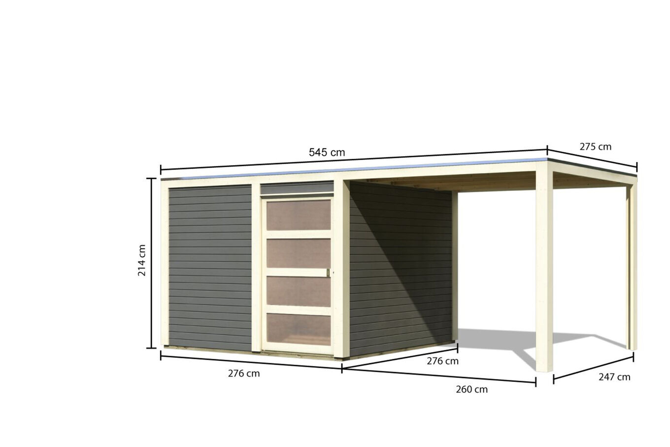 KARIBU Exklusivmodell Quadro Set Gartenhaus, terragrau, nordische Fichte, 545 x 275 x 214 cm, mit Anbaudach 33794-4 05.jpg