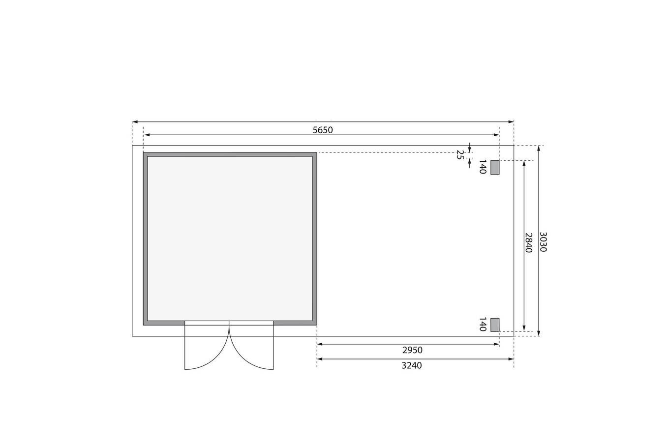 KARIBU Gartenhaus Kandern 6, terragrau, Fichtenholz 28mm, 612 x 274 x 222 cm, Pultdach, Anbau 3,2m 30558-1 06.jpg