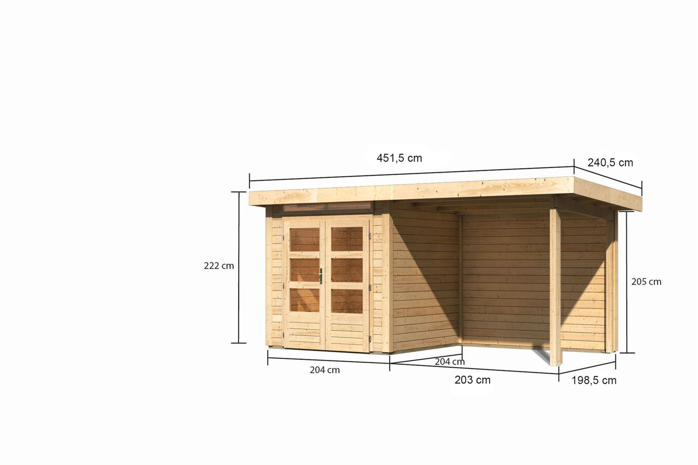 KARIBU Gartenhaus Kandern1 , naturbelassen, Fichtenholz 28mm, 482 x 204 x 41 cm, Flachdach, Anbau 2,35m mit Rückwand 30640-1 05.jpg