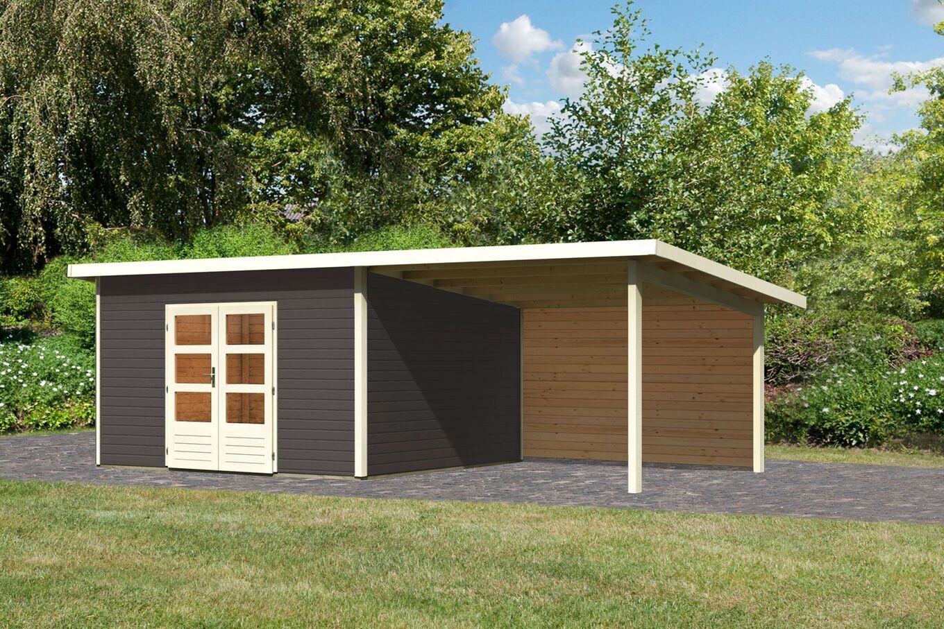 KARIBU Gartenhaus Northeim 5, terragrau, Fichtenholz 40mm, 724 x 369 x 229 cm, Pultdach, Anbau 3m mit Rückwand 30561-6 01.jpg