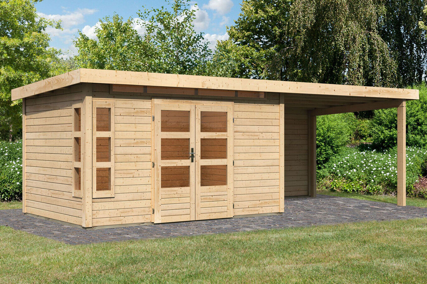 KARIBU Gartenhaus Kastorf 7, naturbelassen, Fichtenholz 28mm, 702 x 244 x 222 cm, Flachdach, Anbau 3,2m mit Rückwand 30468-3 01.jpg