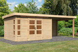 KARIBU Gartenhaus Kastorf 7, naturbelassen, Fichtenholz 28mm, 702 x 244 x 222 cm, Flachdach, Anbau 3,2m mit Rückwand 30468-3 01.jpg