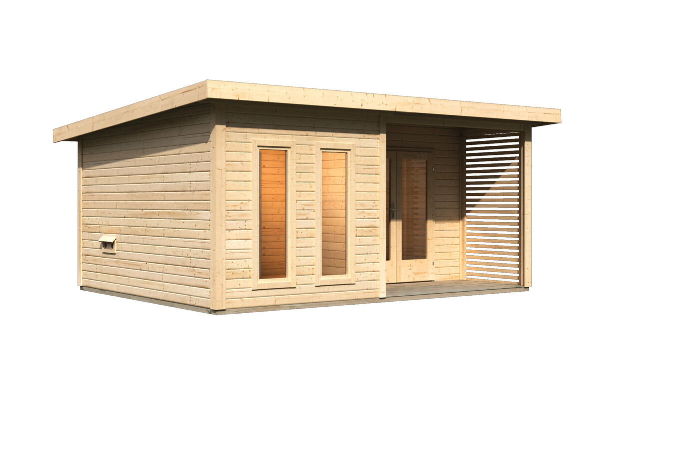 KARIBU Mainburg 5 Saunahaus, naturbelassen, Fichte, 508x368x253 cm, SET A mit Doppelflügeltür und Terrasse 31325-1 03.jpg