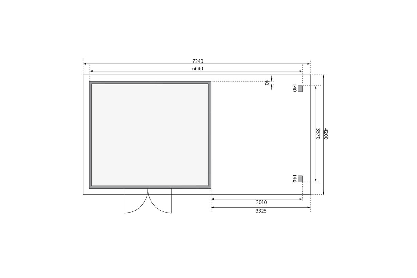 KARIBU Gartenhaus Northeim 5, terragrau, Fichtenholz 40mm, 724 x 369 x 229 cm, Pultdach, Anbau 3m mit Rückwand 30561-6 06.jpg