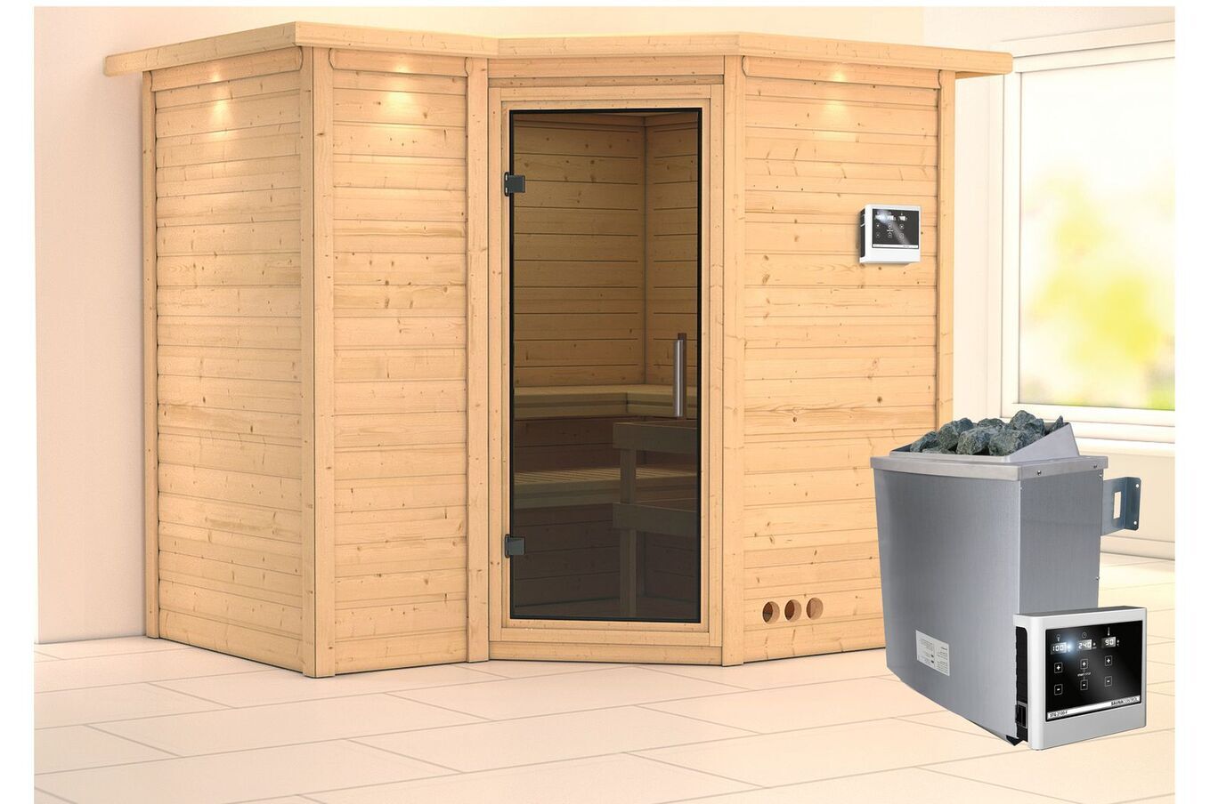 KARIBU Massivholzsauna Sahib 2, Fichtenholz 40mm, Eckeinstieg, ca. 2m² 1 18446-23.jpg