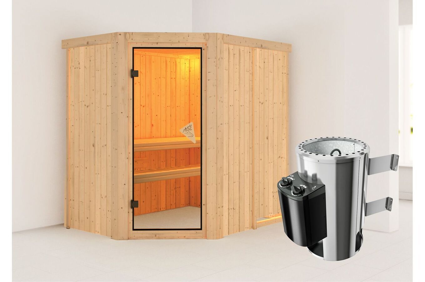KARIBU Systemsauna Saja, Fichtenholz 68mm, Eckeinstieg, ca. 2,7m² 1 18461-10.jpg