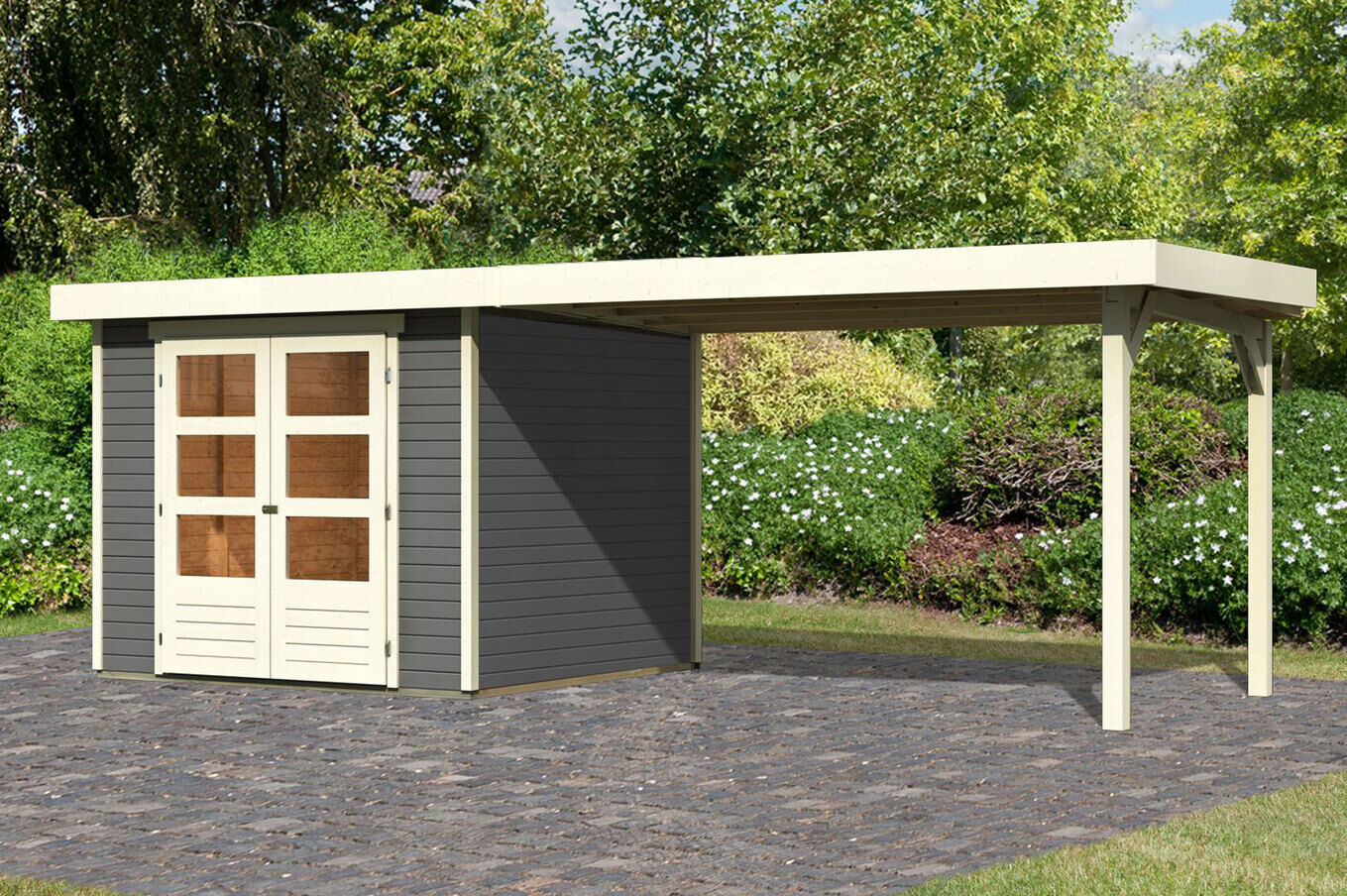 KARIBU Gartenhaus Askola 3,5, terragrau, Fichtenholz 19mm, 528,5 x 246 x 211 cm, Flachdach, seitlicher Anbau 2,8m 30539-1 01.jpg