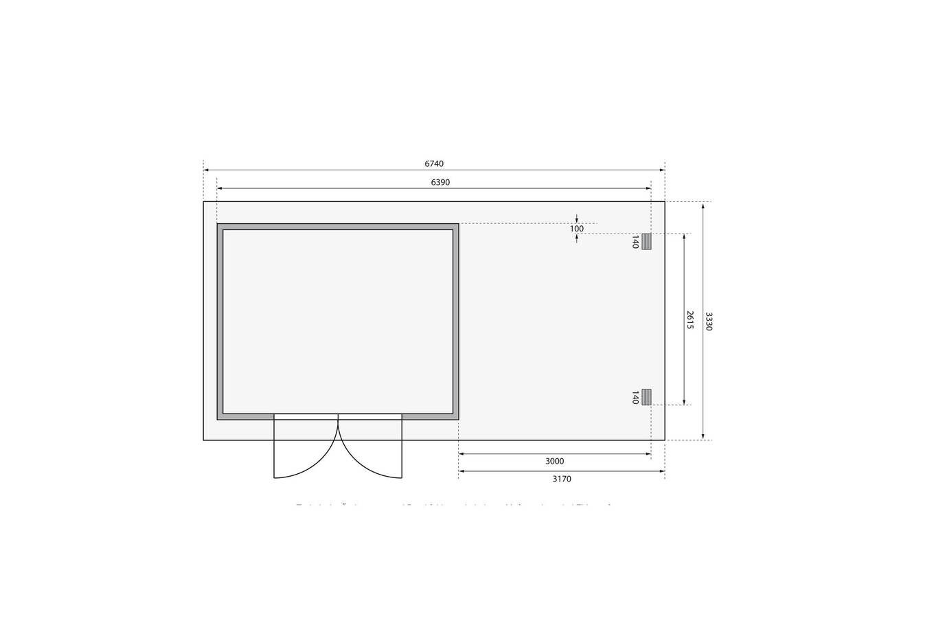 KARIBU Gartenhaus Bastrup 7, naturbelassen, Fichtenholz 28mm, 674,5 x 297 x 222 cm, Pultdach, Anbau 3m mit Rückwand 30566-9 06.jpg