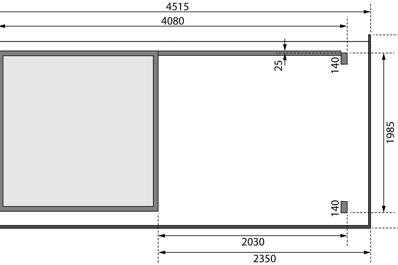 KARIBU Gartenhaus Kandern1 , naturbelassen, Fichtenholz 28mm, 482 x 204 x 41 cm, Flachdach, Anbau 2,35m mit Rückwand 30640-1 07.jpg