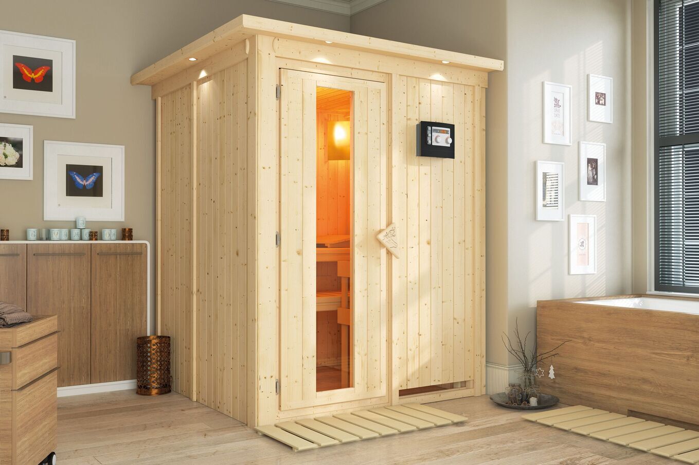 KARIBU Systemsauna Minja, Fichtenholz 68mm, Fronteinstieg, ca. 2,3m² 1 18455-4.jpg