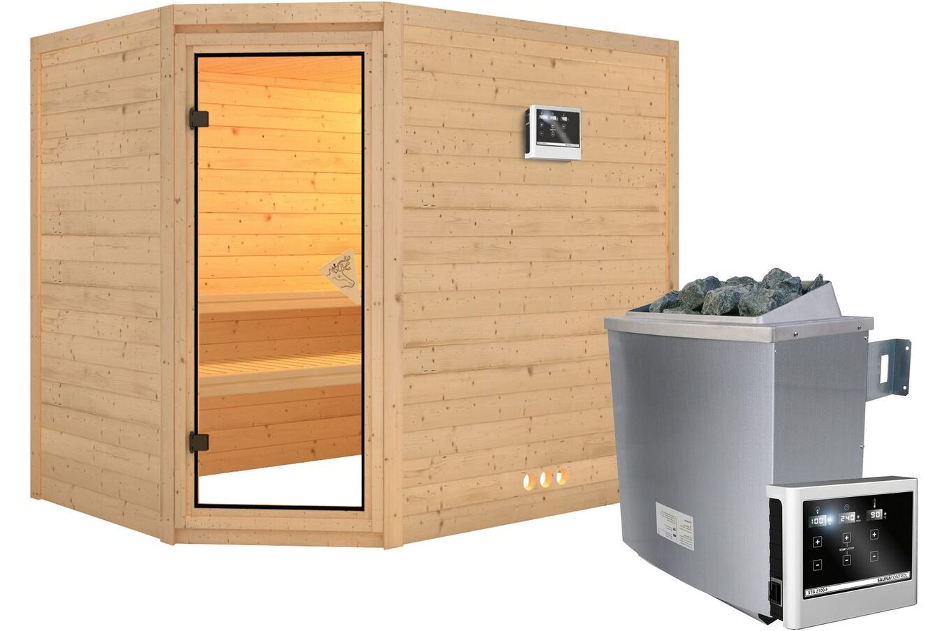 KARIBU Massivholzsauna Tanami, Fichtenholz 40mm, Eckeinstieg, ca. 2m² 2 18444-3.jpg